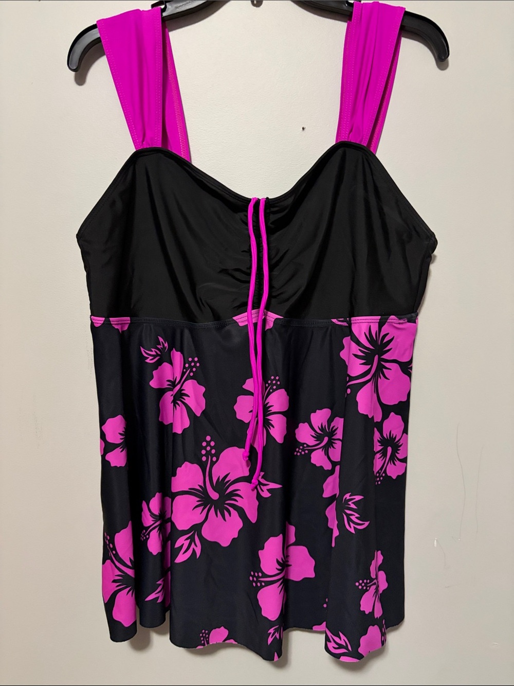 Black Tankini Top with magenta hibiscus